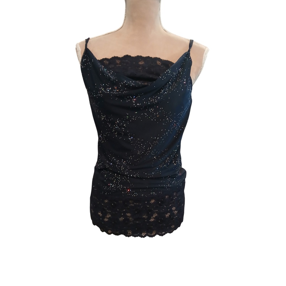 Vtg Vanity Blue Glitter Cowl Neck Cami Top Lace Trim Stretch Womans M Coachella